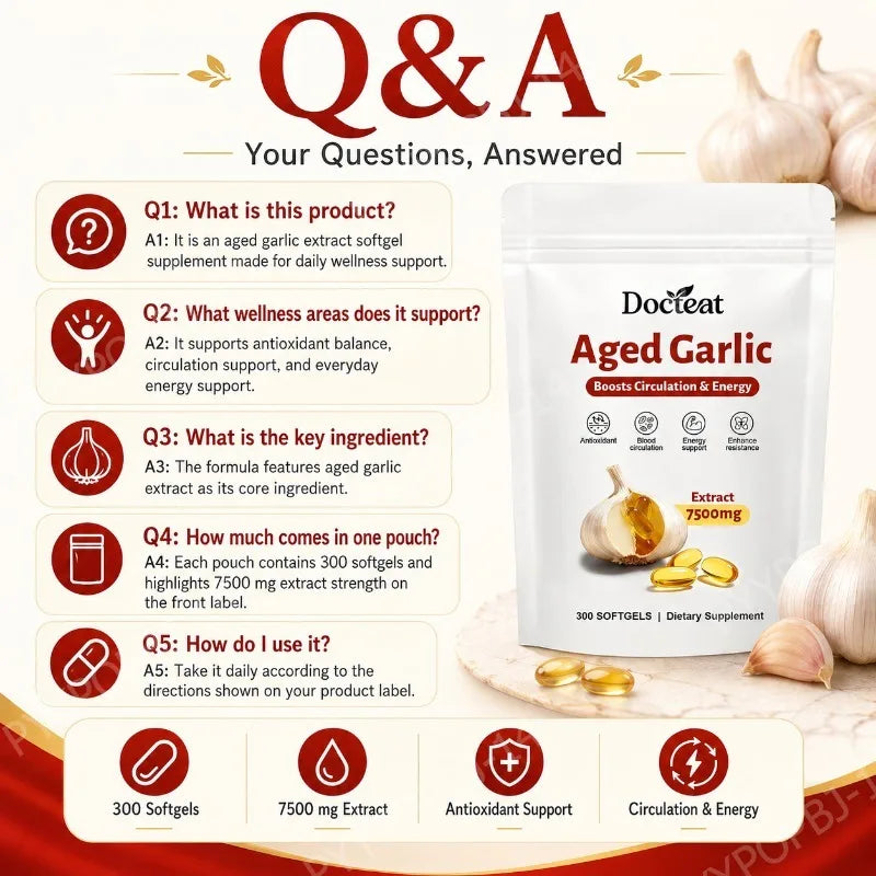 Docteat Aged Garlic Extract 7500mg Antioxidant Support for Daily Wellness 300 Softgels Overall Wellness for Adults Non-GMO