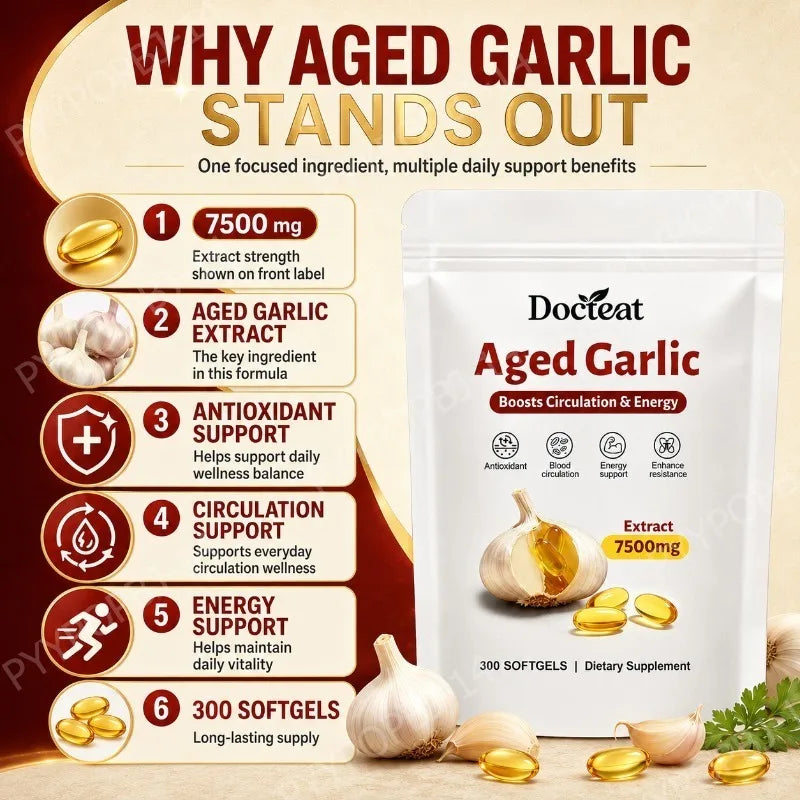 Docteat Aged Garlic Extract 7500mg Antioxidant Support for Daily Wellness 300 Softgels Overall Wellness for Adults Non-GMO