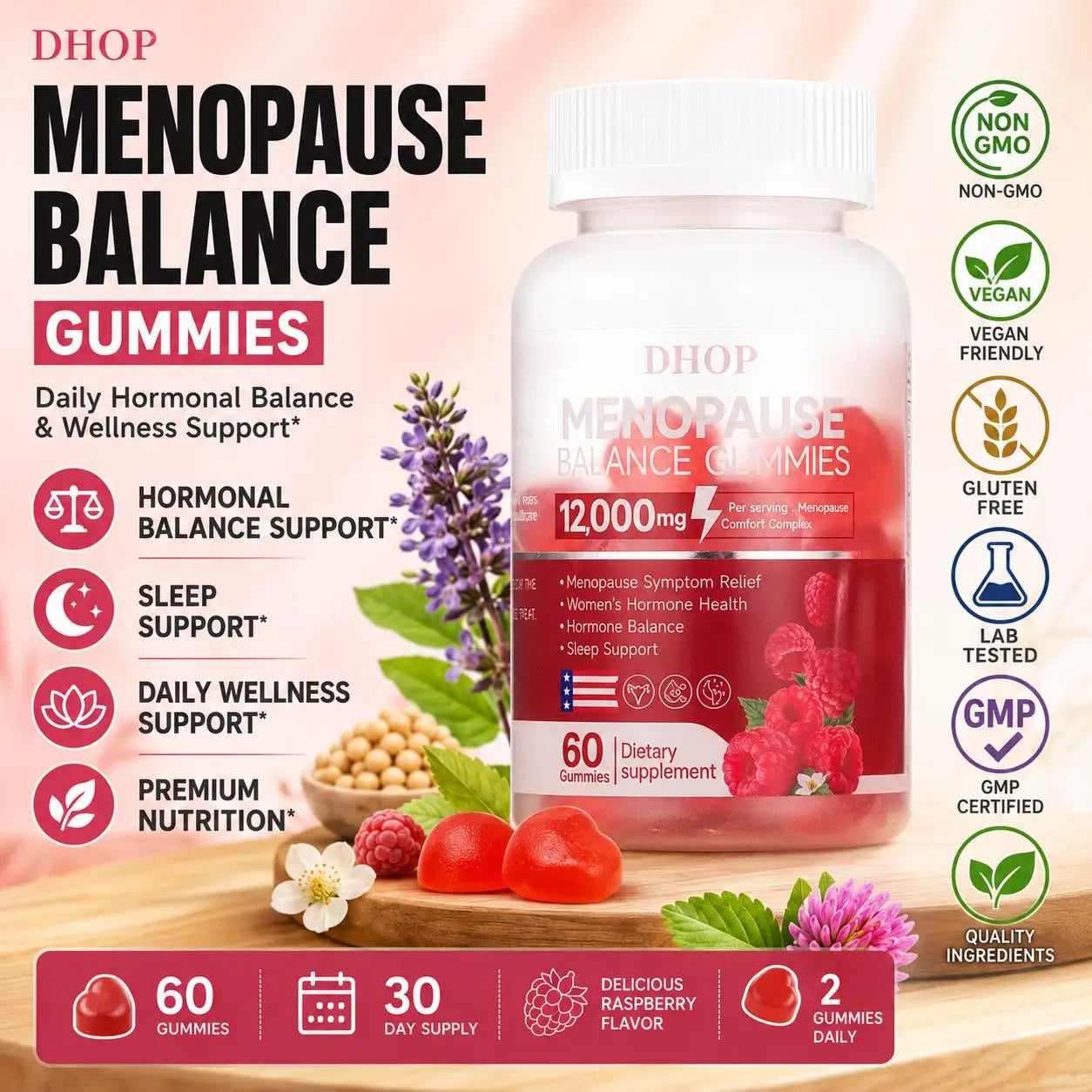 Googeer Menopause Balance Gummies with Hormonal Balance Support and Sleep Support, Black Cohosh, Lemon Balm Extract, 60 Gummies